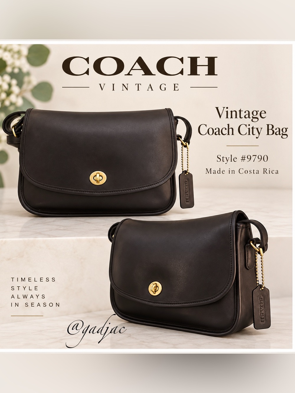 Vintage Coach Black Leather City Bag (9790) — Costa Rica